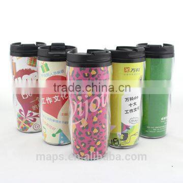 double wall plastic mug with advertising insert paper ,promotional mug advertising cup