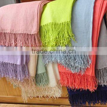 Custom Japan Fashion Women Solid Color Tassel Cotton Linen Pashmina Scarfs