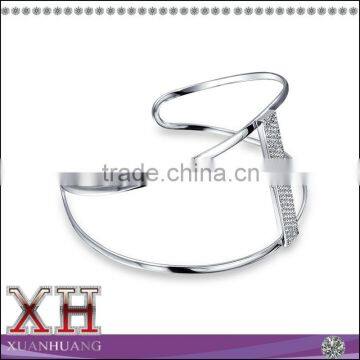 Rhodium Plated Silver Material Open Adjustable CZ Bar Bangle