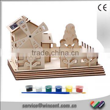 Kids Solar Energy Wooden Lodge DIY 3D Puzzle Painting Toy