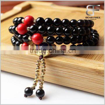 Handmade Tibetan Elastic String Natural Black Agate Cinnabar 108 Prayer Beads Wrap Bracelet Mala