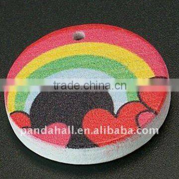 Wooden Pendants, Fancy Printing on Single Side, Flat Round, Multicolor, 25x4mm, hole: 2mm(WOOD-A013-2)