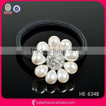 Fancy rhinestone big flower pearl black elastic hair band for wedding