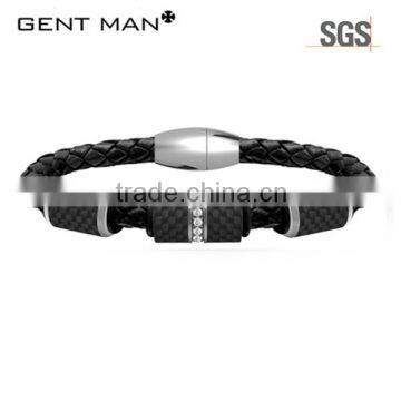 Braided Real Leather Carbon Fiber Men Magnetic Clasp Bracelet