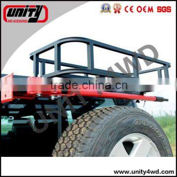 Rear cargo basket with hi-jack bracket for rear bumper with tire carrier of wrangler