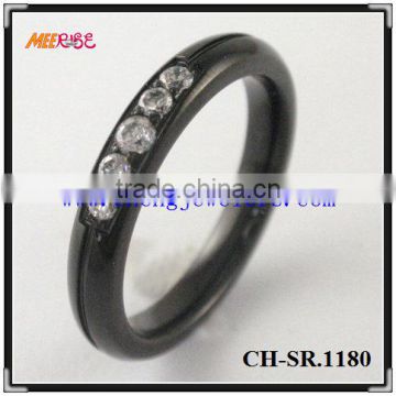 Unique black stainless steel finger ring with five shiny diamond inlay