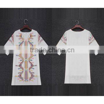 2016 Summer Fashion Women Midi Dresses Ladies Cotton Linen Half Sleeve Ethnic Embroidery Short Frock White Women Dress Model photo-5