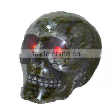 Halloween decorative moss covered foam skull head with red led eyes