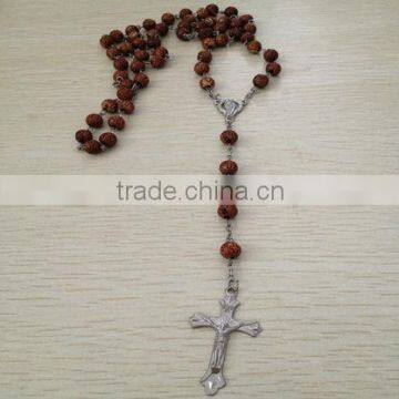 Brown Plastic Bead With Cross Pattern Rosary Necklace With Cross Charm