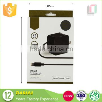 Spot uv embossed custom recyclable free sample iphone charger cable packaging with blister tray