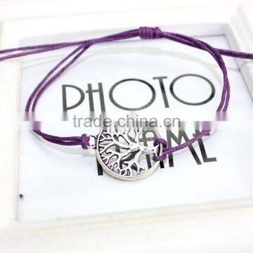 Antique Silver Hollow Tree of Life Charm Bracelet Customized Charm Wax Cord Bracelet Cheap Personalzied Bracelet for Promotion