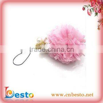 J0017 Chic pink pearl mobile phone chain with small fabric flow