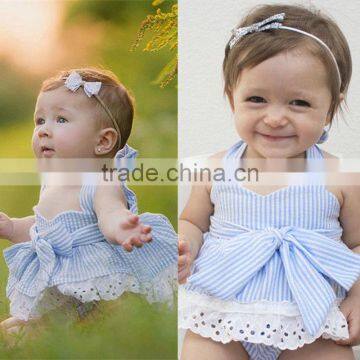 Hot Sale Wholesale Baby Clothes Azure Seersucker Plaid Organic Cotton Baby Clothing Set photo-5