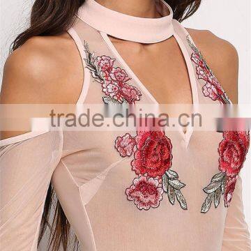 MGOO 2017 New Design Custom Blush Applique Bodysuits White See Through Rose Mesh Cutout Tops Playsuits photo-3