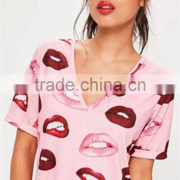 Custom Full Print Women Oversizes V Neck Pink Lip Print Nightshirt Roll Sleeve Causal Loose Sleepwear photo-5