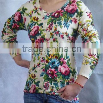 ladies sweater zipper cardigan print sweater