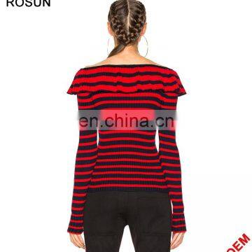 Fashion Red and White Strips off Shoulder Knit Sweater Top