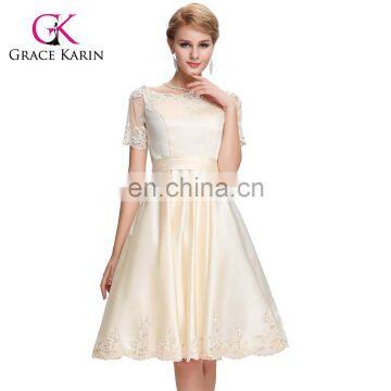 Grace Karin 2016 Short Sleeve Knee Length Satin Champagne Prom Dress Gown GK000062-2