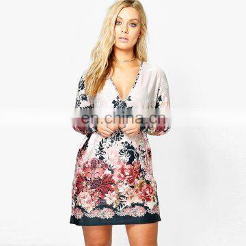 summer clothes custom v neck Printed long sleeve women mini dress