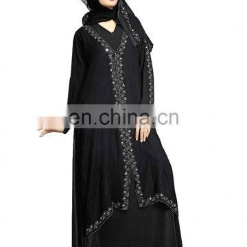 2017 Abaya Style Lycra Burkha With Flairs And Chiffon Attached Jacket + Chiffon Dupatta With Silver Diamond