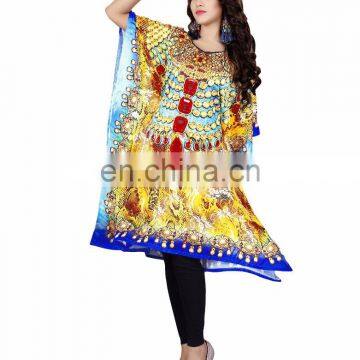 Satin Silk Kaftan / Daily Casual wear Kaftan / Evening Wear Short 3D Digital Printed Kaftan With Tie-Waist Belt (kaftans 2017)