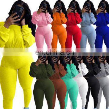 Hot selling womens knit ribbed fabric long sleeve crop top sweatshirt with legging sweatpants sets