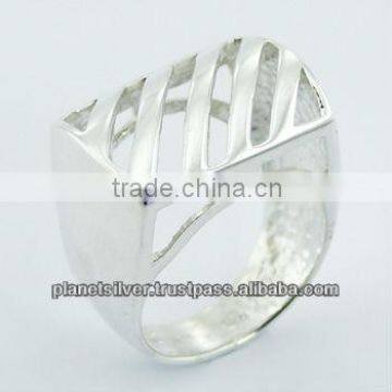 925 Sterling Silver Designer Ring Shiny Diagonally Open Stripes