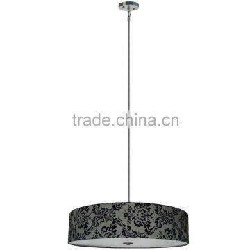 5 light chandelier(Lustre/La arana) in satin steel finish with round 30" damask grey decadance fabric shade