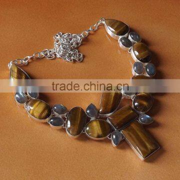 Labradorite, Tiger Eye Necklace plated 925 Sterling Silver 98 Gms 18-20 Inches