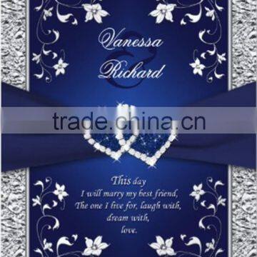 Hot sale elegant navy floralwedding invitations with silver folio border & blue ribbons & heart brooches                        
                                                Quality Choice