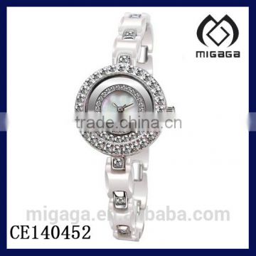 fashion women's white ceramic watch with zirconia stone*ceramic chain bracelet wristwatch