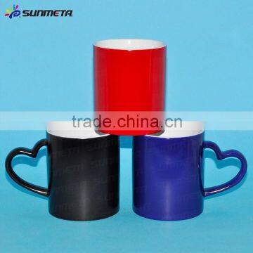 Factory Wholesale heat transfer color changing mugs, mugs with heart shape handle