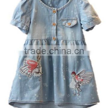 short sleeve blue denim dress printed denim new design kids dress