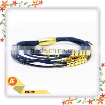 Beads Blue Leather Bracelets with Gold Plating Beads and Black Plating Beads