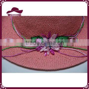 Girl Pink Straw Sun Hat Paper Floppy Hat With Colorful Flower photo-3