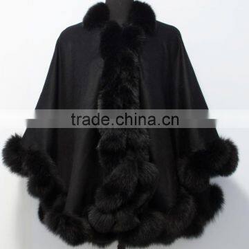 black cashmere cape with fox fur trim /cashmere shawl with fur hood