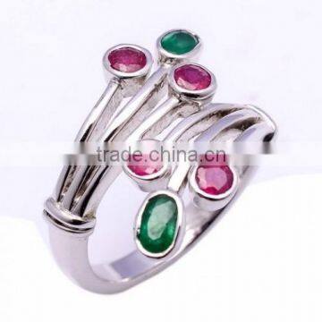 The Gopali Jewellers 925 Sterling Silver Emerald and Ruby Flower Shaped Gemstone Emerald Ring