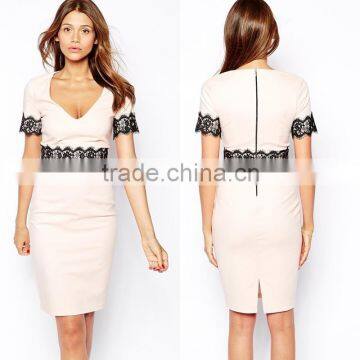 Fashion Paper Dolls V Neck Formal Pencil Dress with Lace Waist