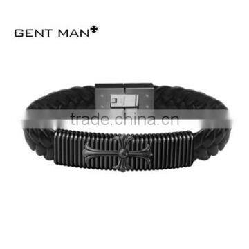 Fantasy jewelry stainless steel and leather bracelet for men