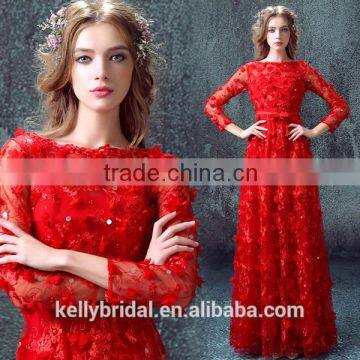 ZM 16092 wedding dresses for bridal with long sleevese design and 3D flower art-work Sexy red prom gown