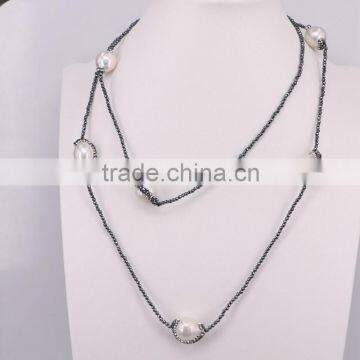 Freshwater Pearl Necklace, with 2mm Hematite Beads Necklace, Charm Beaded Gem Natural Stone Necklace