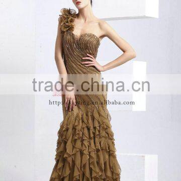 Elegant One-shoulder Beaded Larying Chiffon Long Latest Design Formal Evening Gowns