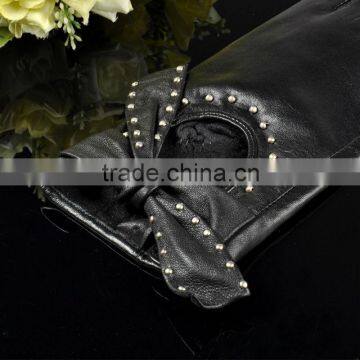 Beautiful Bowknot Design Rivet Sheepskin Leather Gloves for MS photo-5