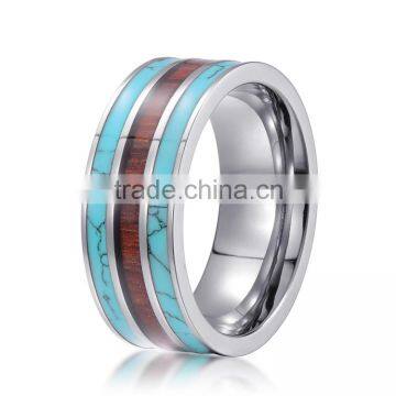 Fashion Tunsgten Wedding Bands Rings Inlay Turquoise and Wood photo-2