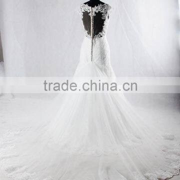 RSW928 Cap Sleeves Illusion Neckline See Through Back Lace Wedding Dresses Mermaid With Detachable Train