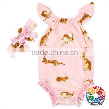 Rabbits Print Girls Easter Day Romper Stylish Pom Pom Jumpsuit Puffy Shoulder Jumpsuit For Kids