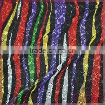 Colorful printed stripe design cut work embroidery tulle lace fabric for dress