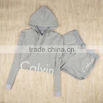 2016 New Women Fashion Sport Suit Tracksuit Summer Style Crop Top Black Gray Hoodies Sweatshirt + Short Pant Jogging Femme photo-2