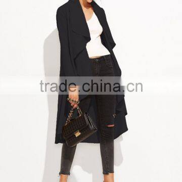 Black Drape Front Dip Hem Waterfall Coat 100% Polyester Long Sleeve Casual Knee Length Opening Dress photo-4
