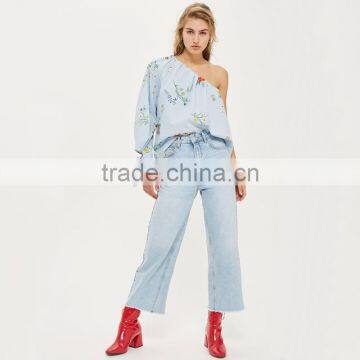 Tie Cuff Modern Lady's One Shoulder Stripe and Floral Poplin Blouse photo-5